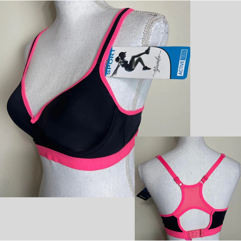 SIZE 34C Youmita Athletic Sports Bra PADDED Wireless Keyhole Racerback BLACK-PNK